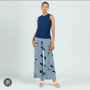 CLARA SUNWOO Navy and White Paisley Palazzo Pants